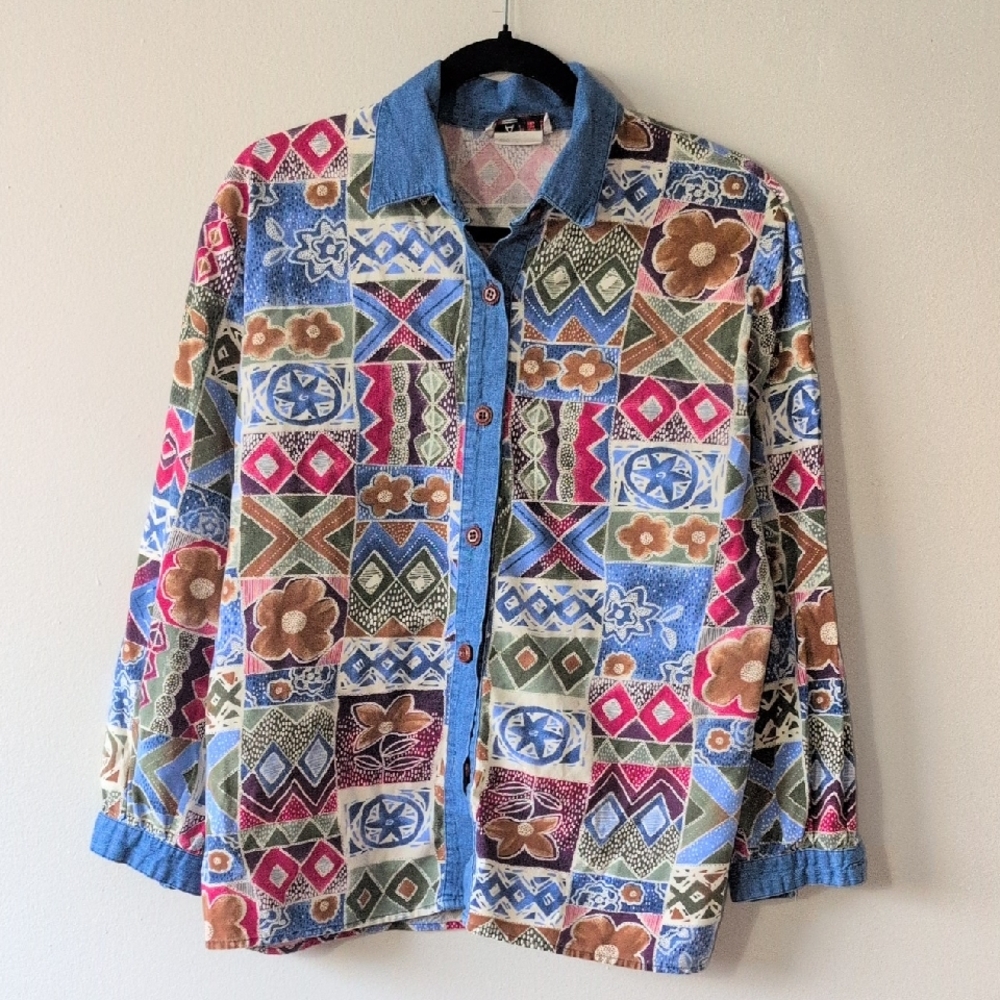 Vintage Colorful Patchwork Pure Cotton Blouse Shirt Women Fits S M Men Fi